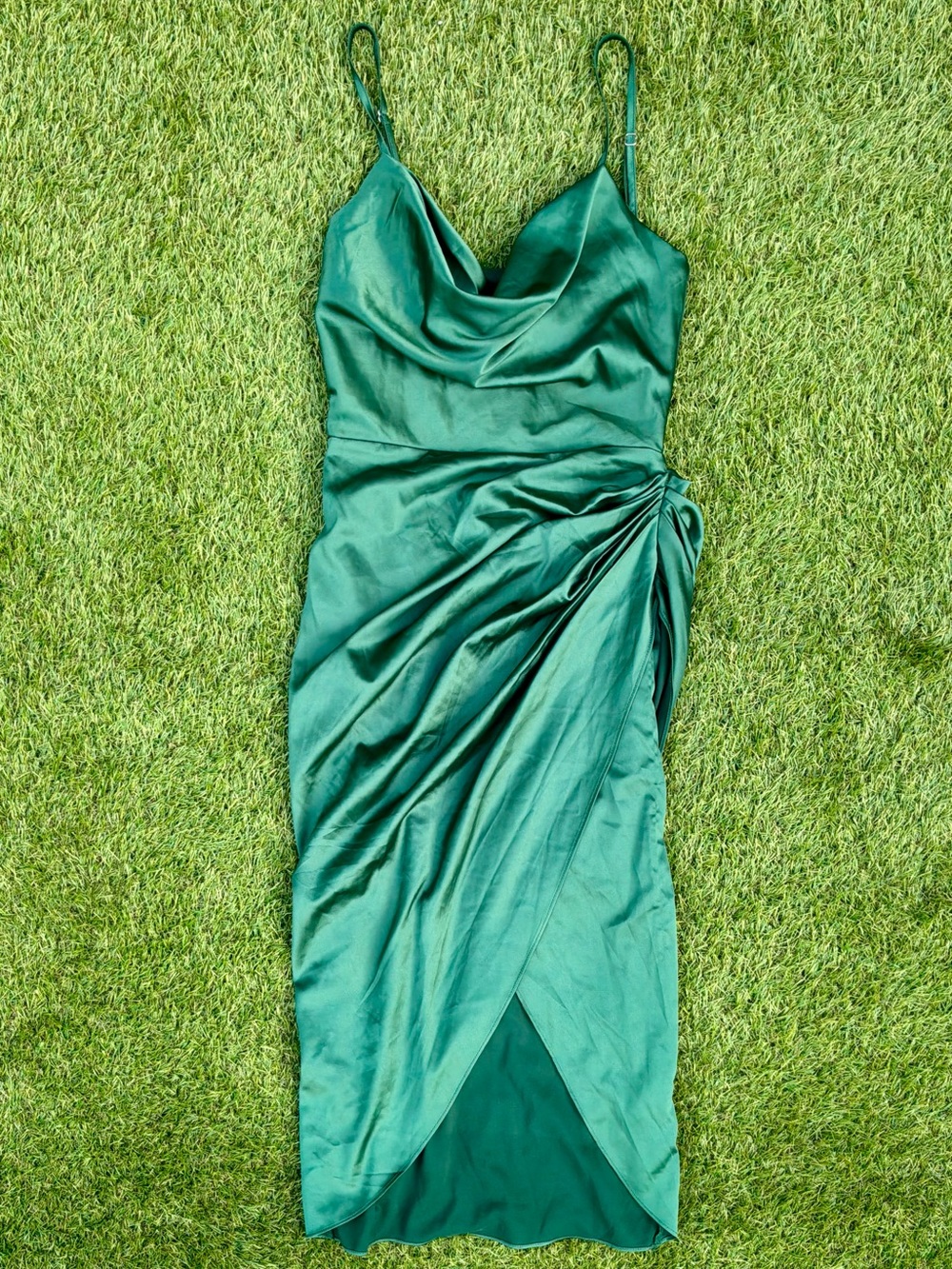 Emerald Green Satin Cowl Neck Midi Dress XS - Picture 3 of 3